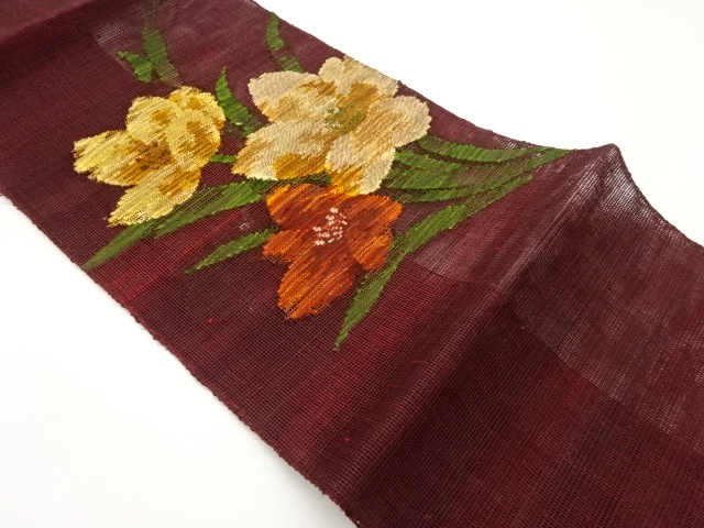 紗紬花葉模様織出し名古屋帯